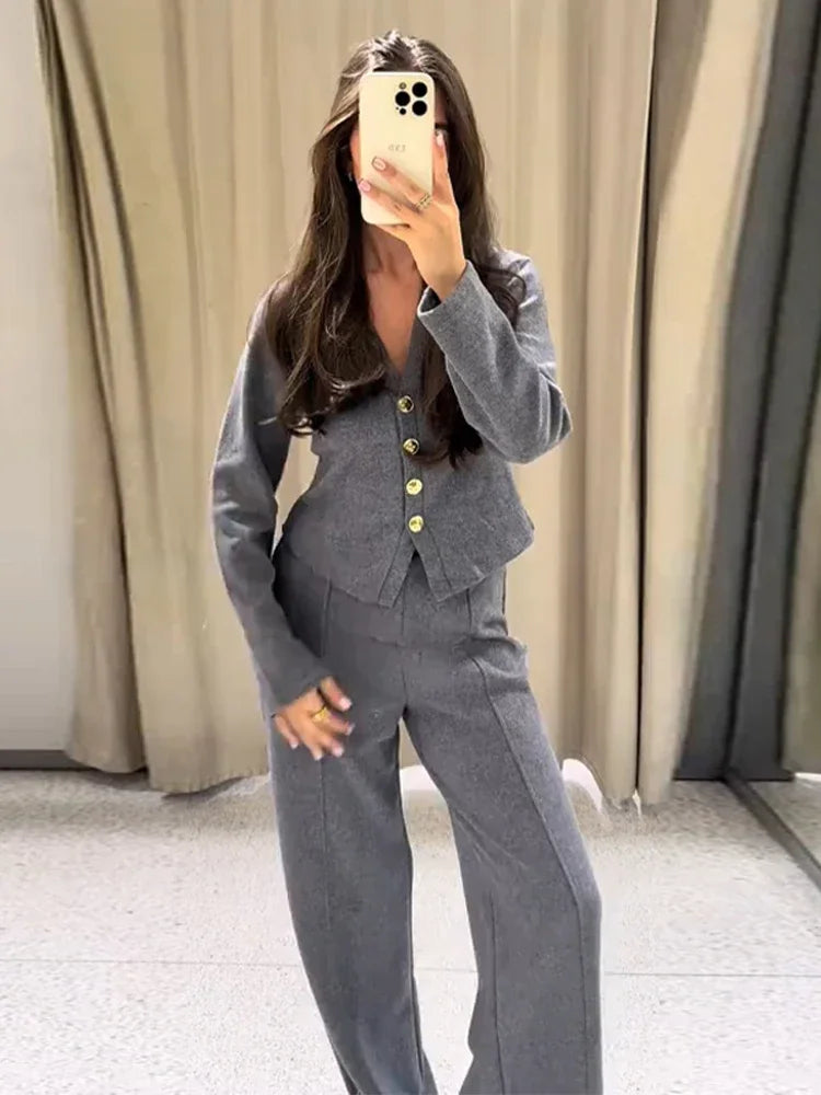 Elegant Two Piece Suit – Blazer Jacket with Wide Leg Pants