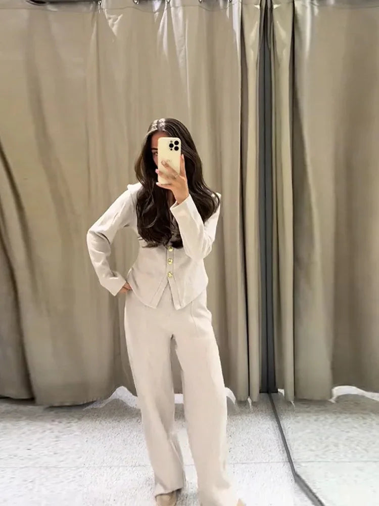 Elegant Two Piece Suit – Blazer Jacket with Wide Leg Pants