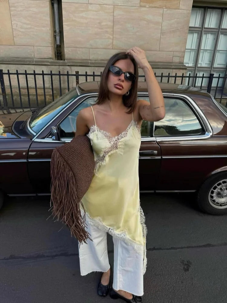 Satin Slip Dress – Lace Trim Spaghetti Strap Mini