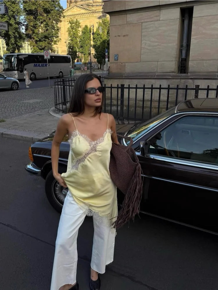 Satin Slip Dress – Lace Trim Spaghetti Strap Mini