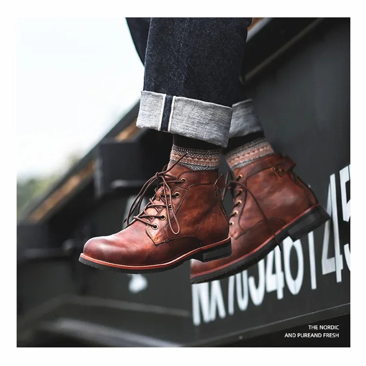 Men’s Lace Up Vintage Leather Ankle Boots
