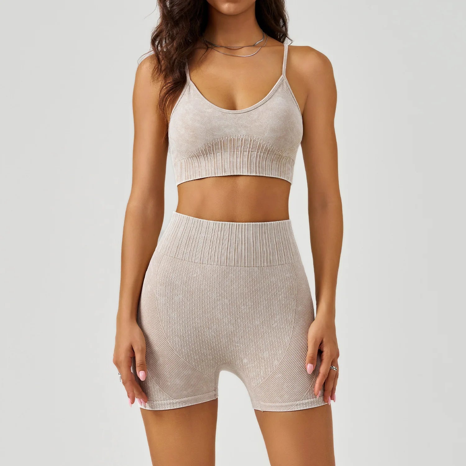 Acid Wash Ribbed Yoga Set – 2 Piece Sports Bra & High Waist Shorts Gym Activewear