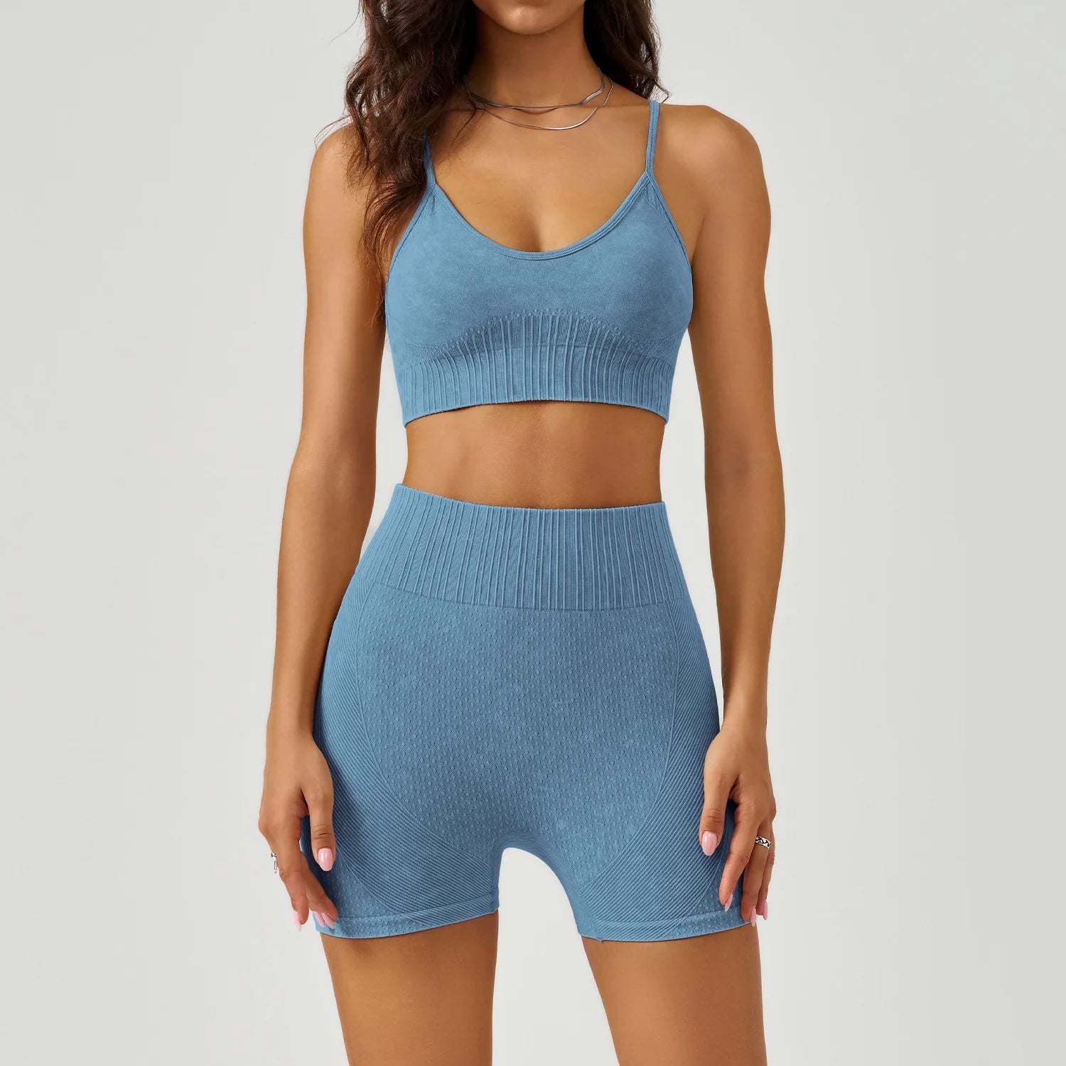 Acid Wash Ribbed Yoga Set – 2 Piece Sports Bra & High Waist Shorts Gym Activewear