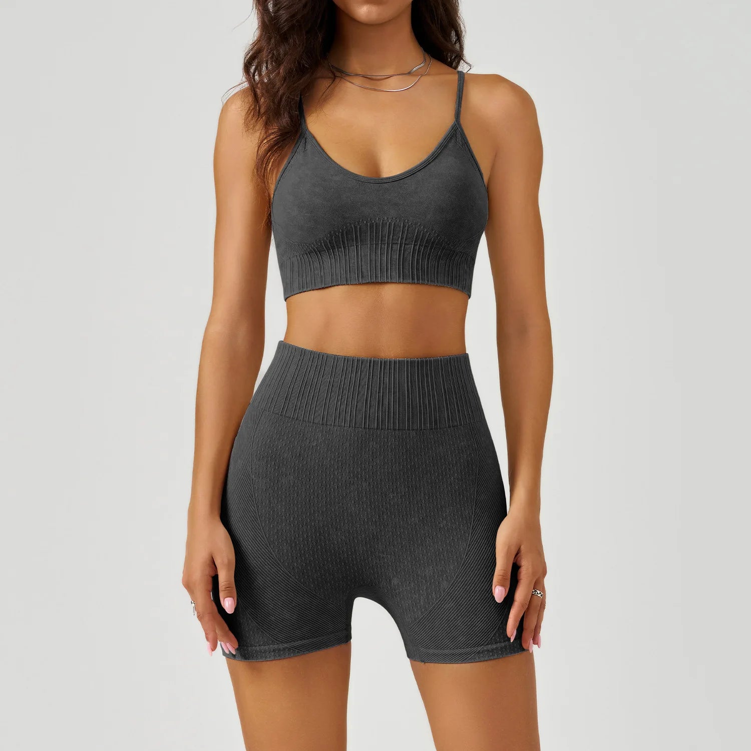 Acid Wash Ribbed Yoga Set – 2 Piece Sports Bra & High Waist Shorts Gym Activewear