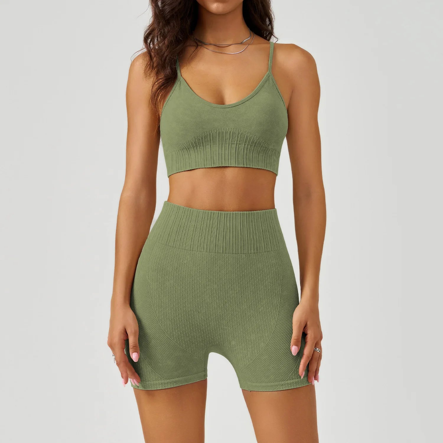 Acid Wash Ribbed Yoga Set – 2 Piece Sports Bra & High Waist Shorts Gym Activewear