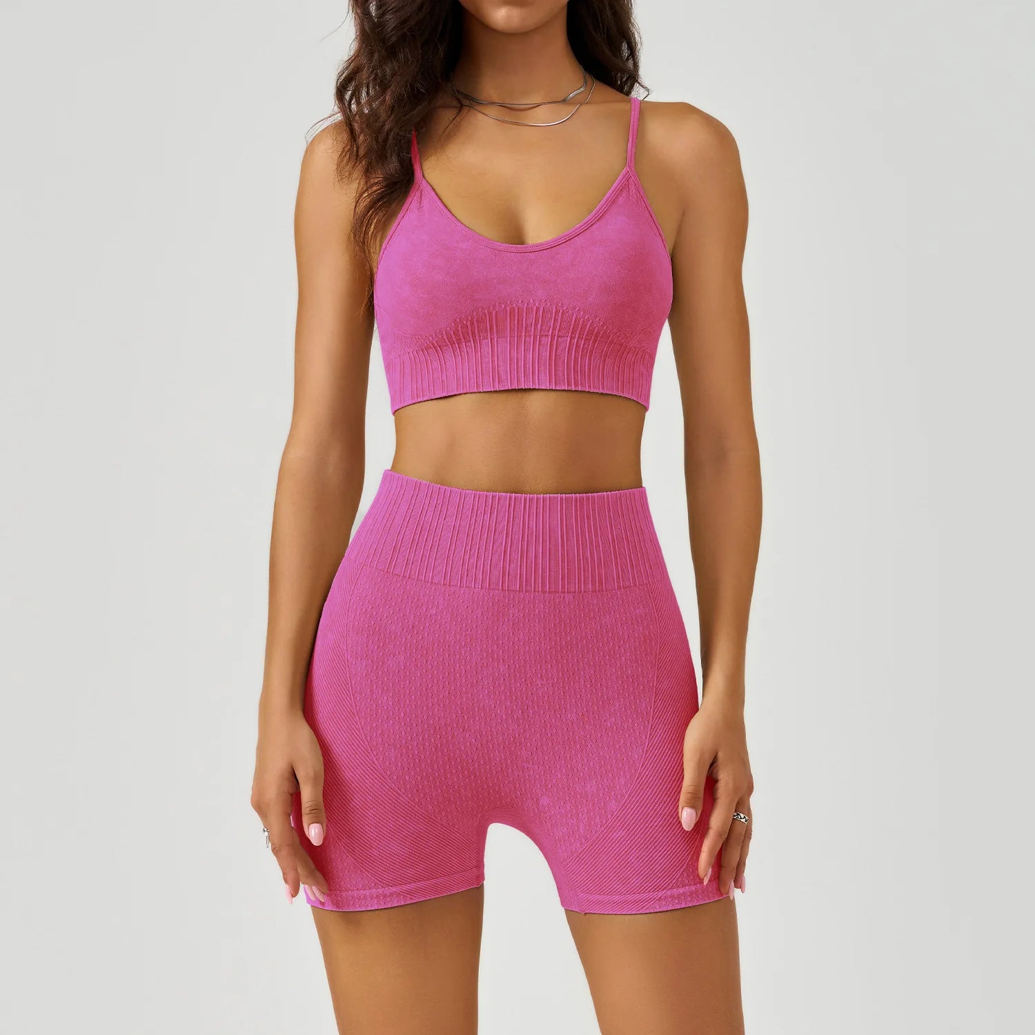 Acid Wash Ribbed Yoga Set – 2 Piece Sports Bra & High Waist Shorts Gym Activewear