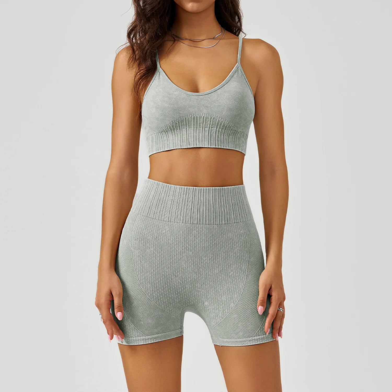 Acid Wash Ribbed Yoga Set – 2 Piece Sports Bra & High Waist Shorts Gym Activewear
