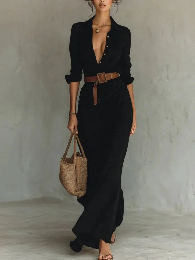 Long Sleeve Shirt Maxi Dress – Elegant Party Casual Evening Outfit