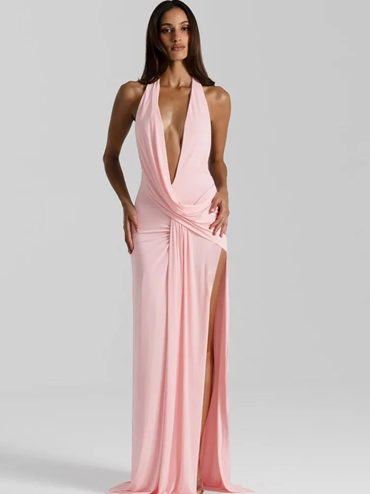 Halter Neck Maxi Dress – Sleeveless Backless Evening Gown