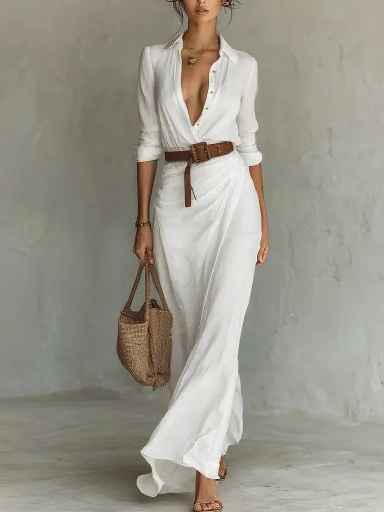 Long Sleeve Shirt Maxi Dress – Elegant Party Casual Evening Outfit