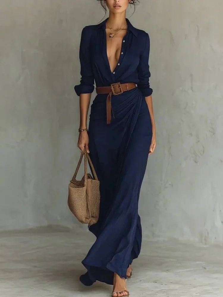 Long Sleeve Shirt Maxi Dress – Elegant Party Casual Evening Outfit