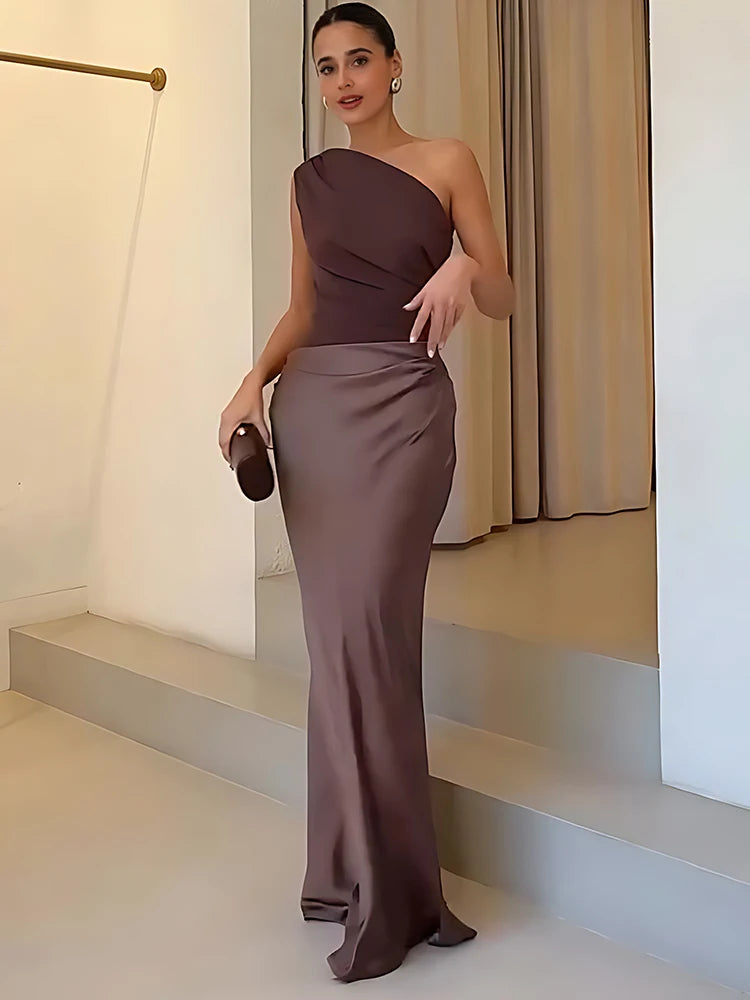 One Shoulder Satin Maxi Dress – Elegant Brown Evening Gown