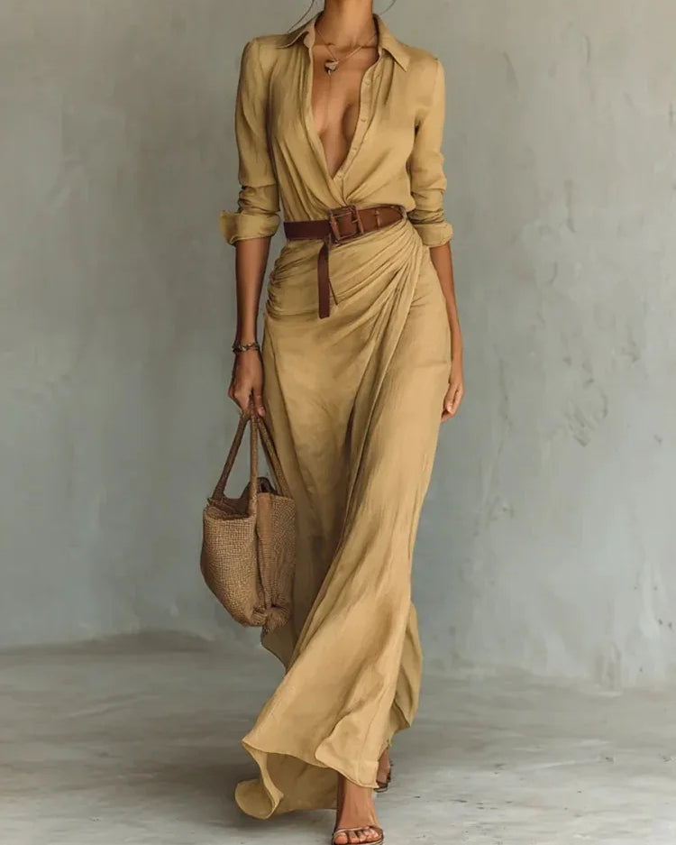 Long Sleeve Shirt Maxi Dress – Elegant Party Casual Evening Outfit