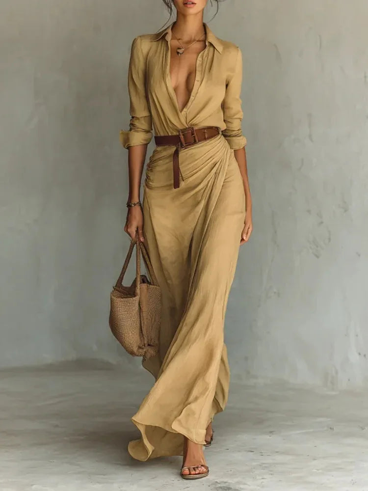 Long Sleeve Shirt Maxi Dress – Elegant Party Casual Evening Outfit