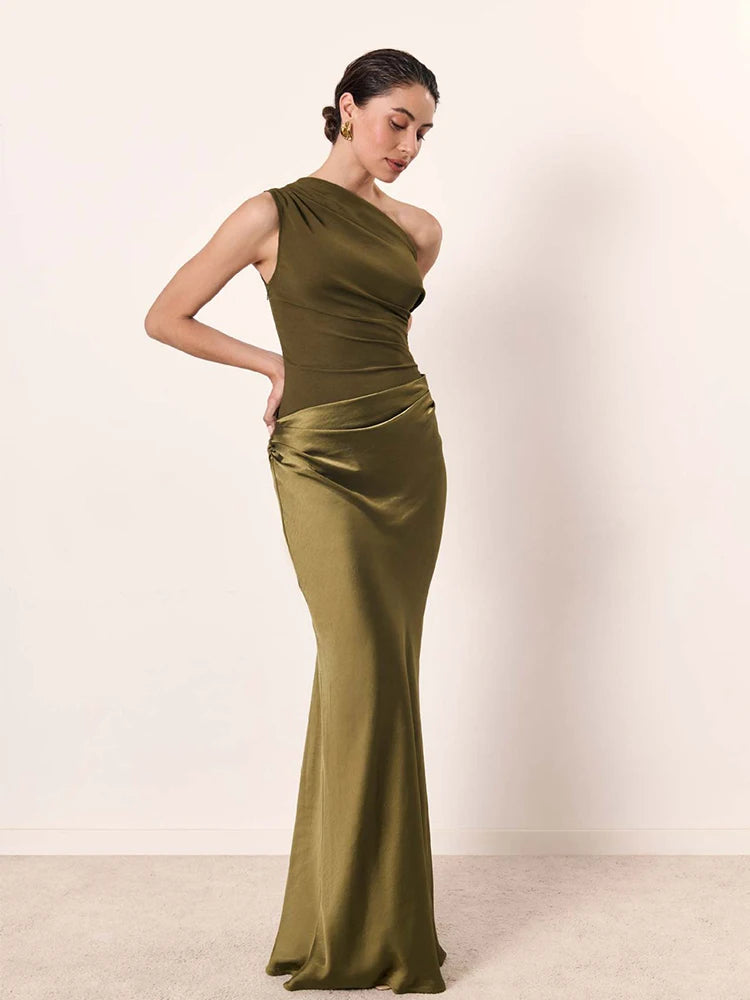 One Shoulder Satin Maxi Dress – Elegant Brown Evening Gown