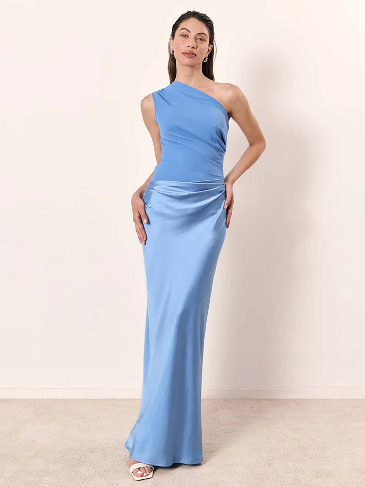 One Shoulder Satin Maxi Dress – Elegant Brown Evening Gown