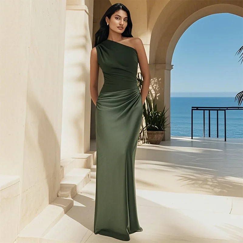 One Shoulder Satin Maxi Dress – Elegant Brown Evening Gown