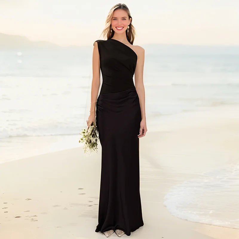 One Shoulder Satin Maxi Dress – Elegant Brown Evening Gown