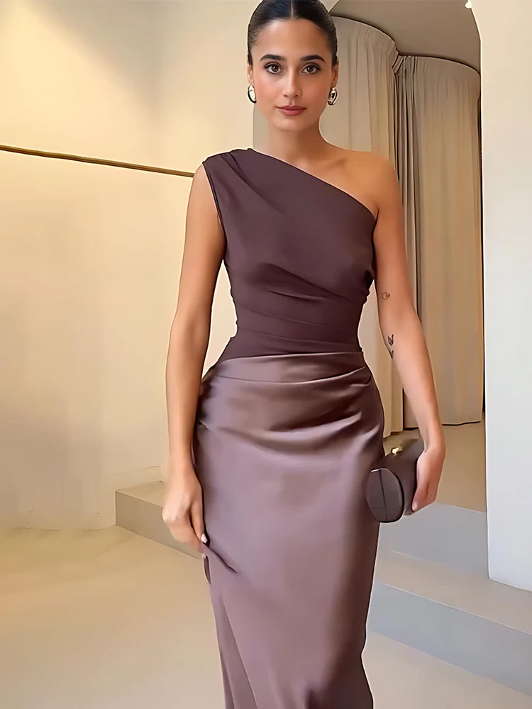 One Shoulder Satin Maxi Dress – Elegant Brown Evening Gown