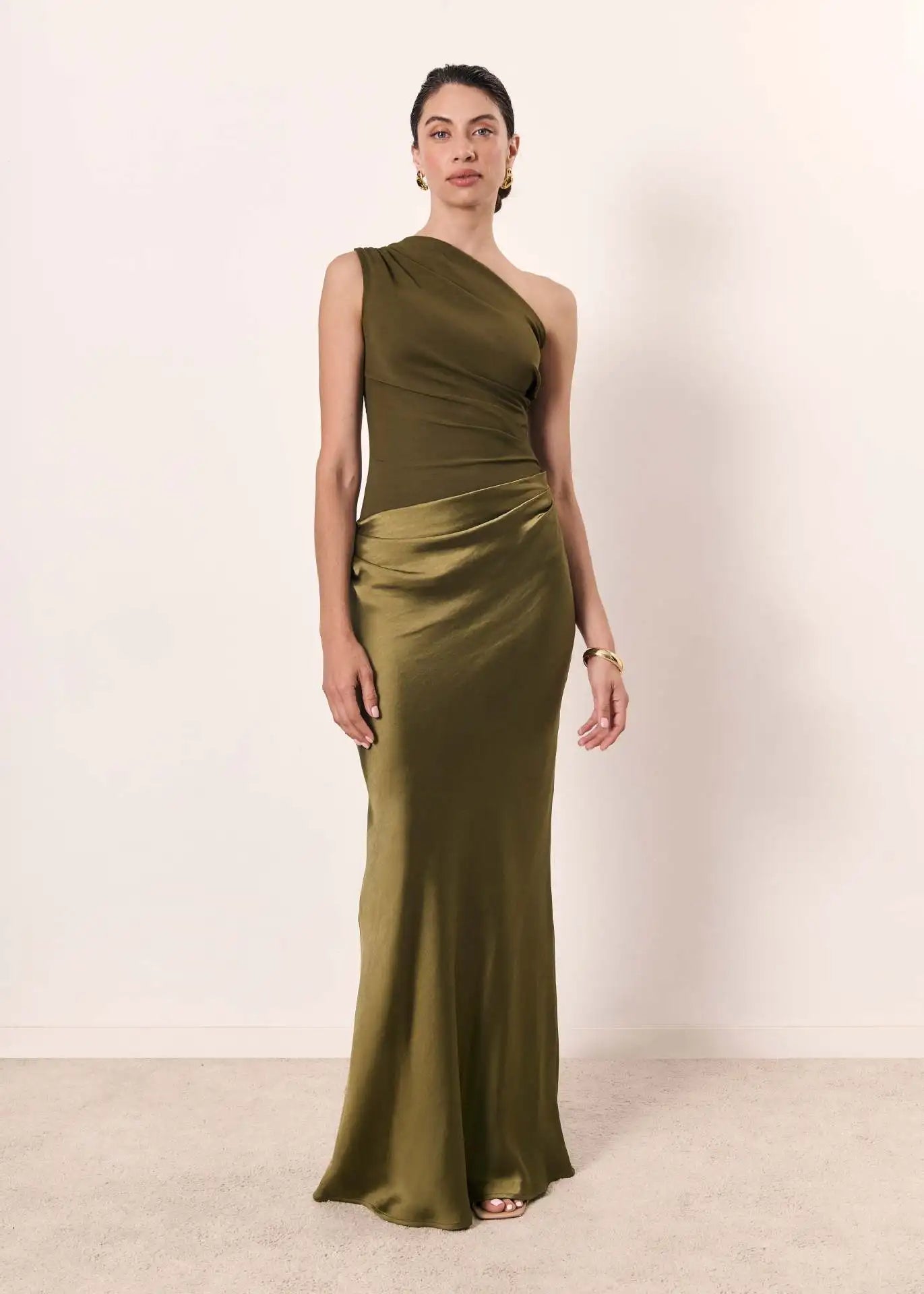 One Shoulder Satin Maxi Dress – Elegant Brown Evening Gown