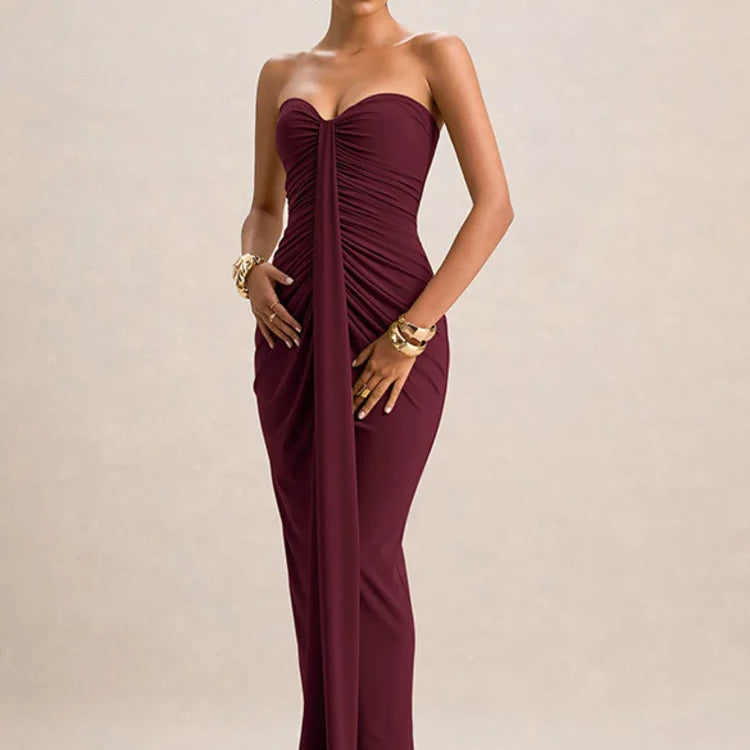 Strapless Maxi Dress – Elegant Ruched Bodycon Evening Gown