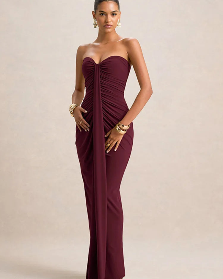 Strapless Maxi Dress – Elegant Ruched Bodycon Evening Gown