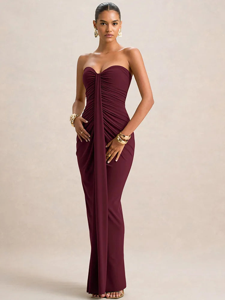 Strapless Maxi Dress – Elegant Ruched Bodycon Evening Gown