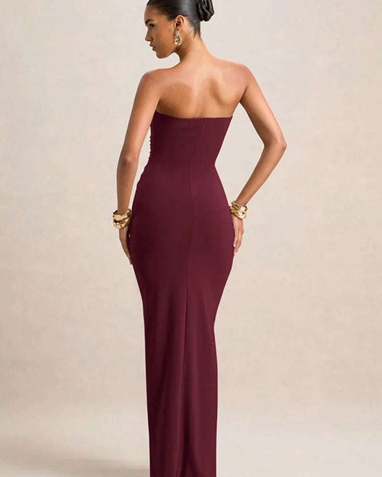 Strapless Maxi Dress – Elegant Ruched Bodycon Evening Gown