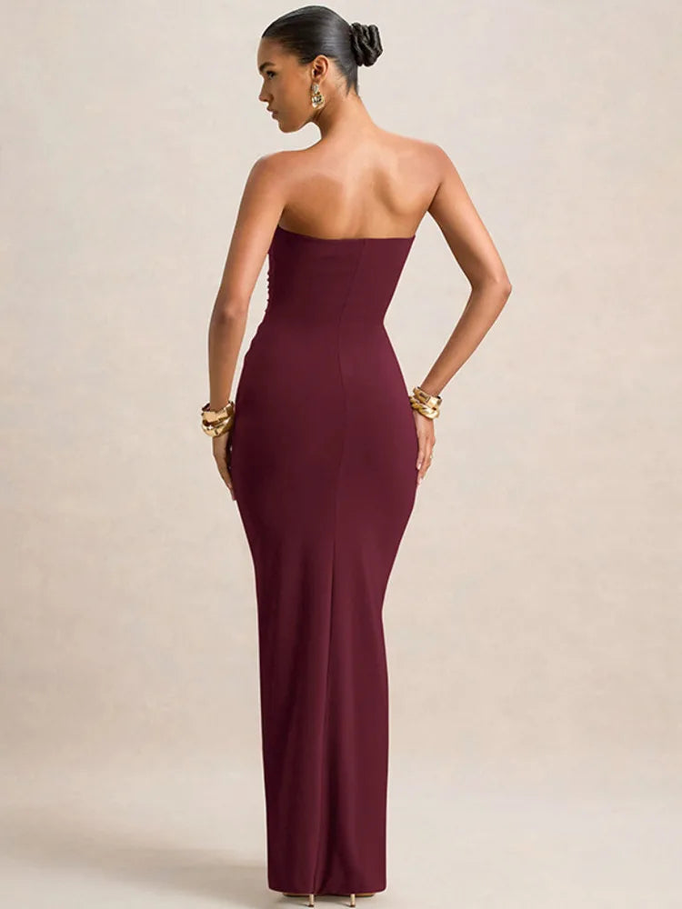 Strapless Maxi Dress – Elegant Ruched Bodycon Evening Gown
