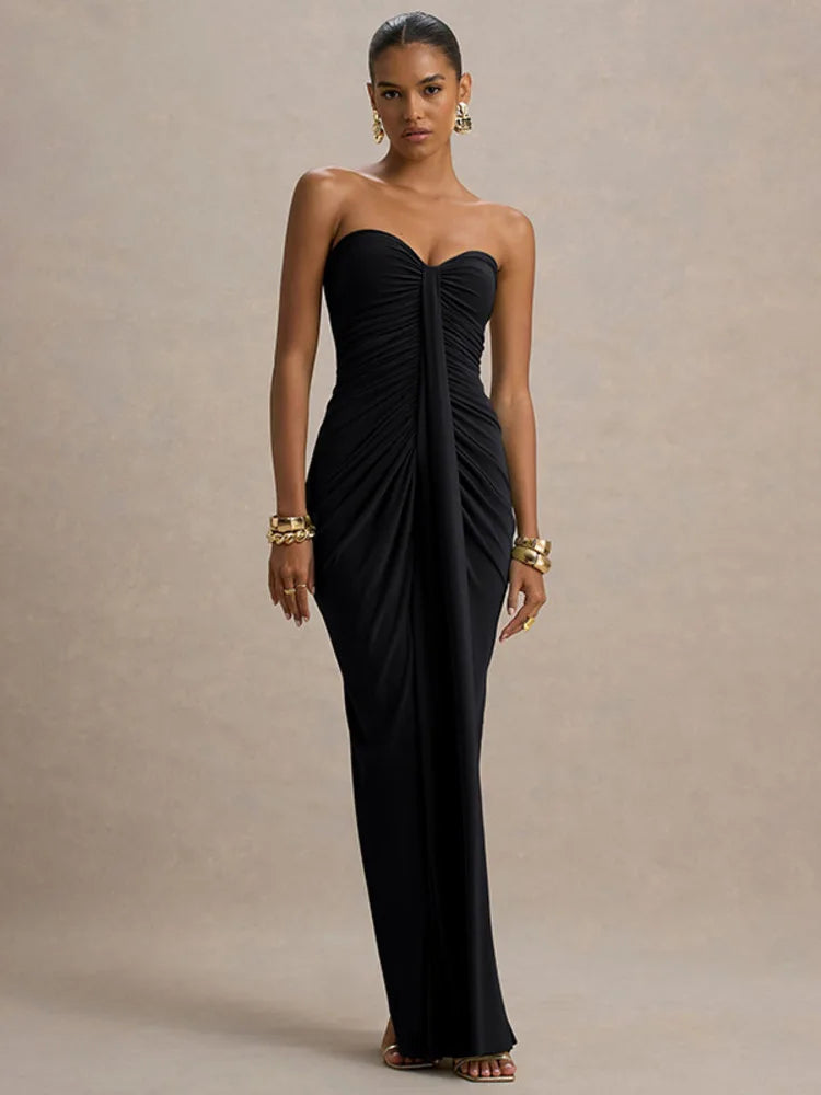 Strapless Maxi Dress – Elegant Ruched Bodycon Evening Gown