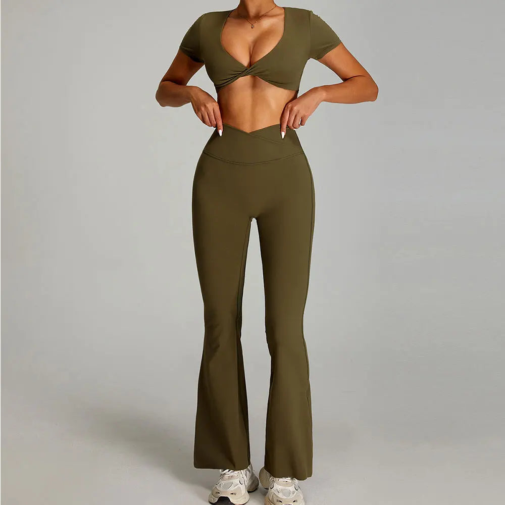 2 Piece Yoga Set – Short Sleeve Crop Top & Flared Leg Pants Gym Activewear