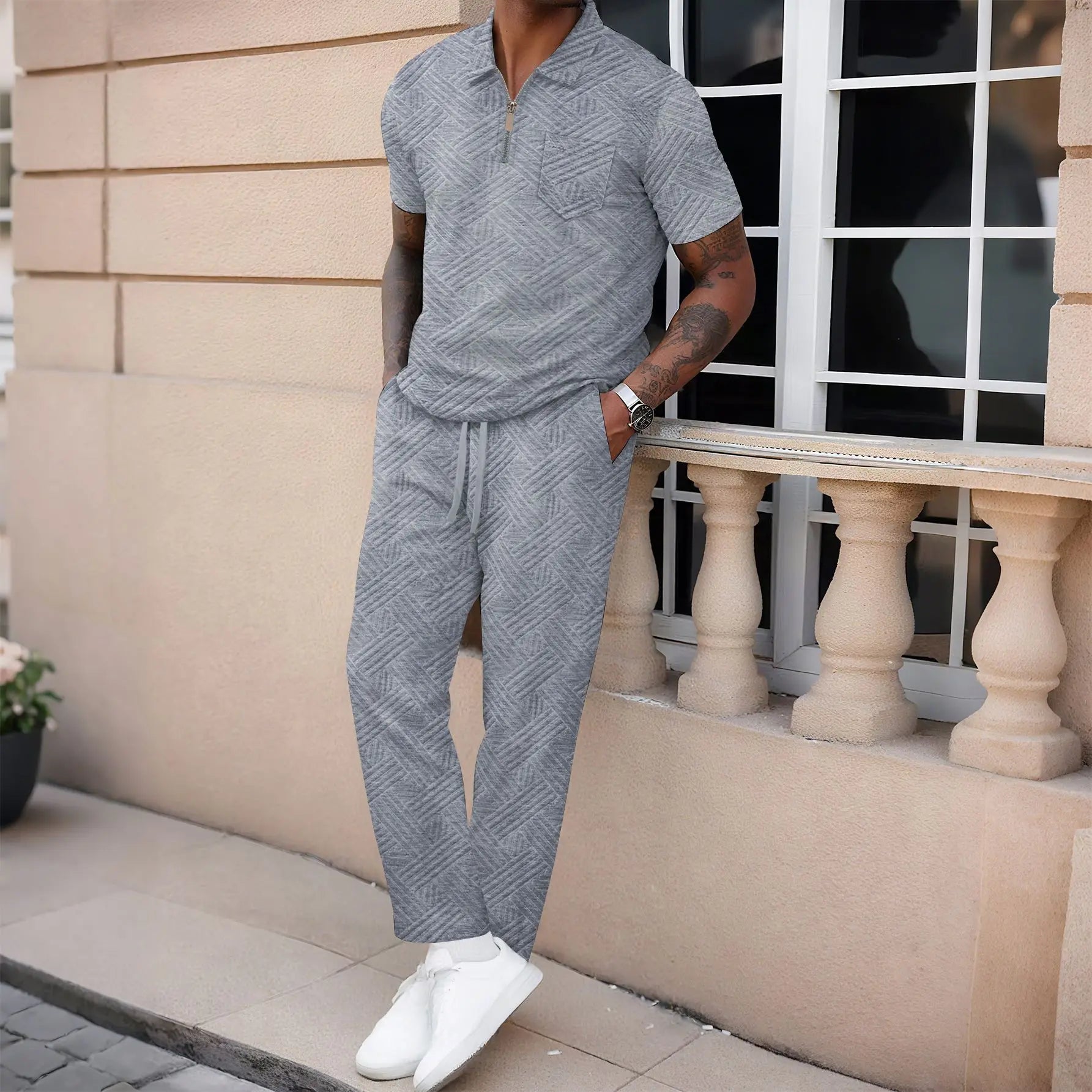 Men’s Textured Polo Shirt and Pants Set – Casual Summer Outfit