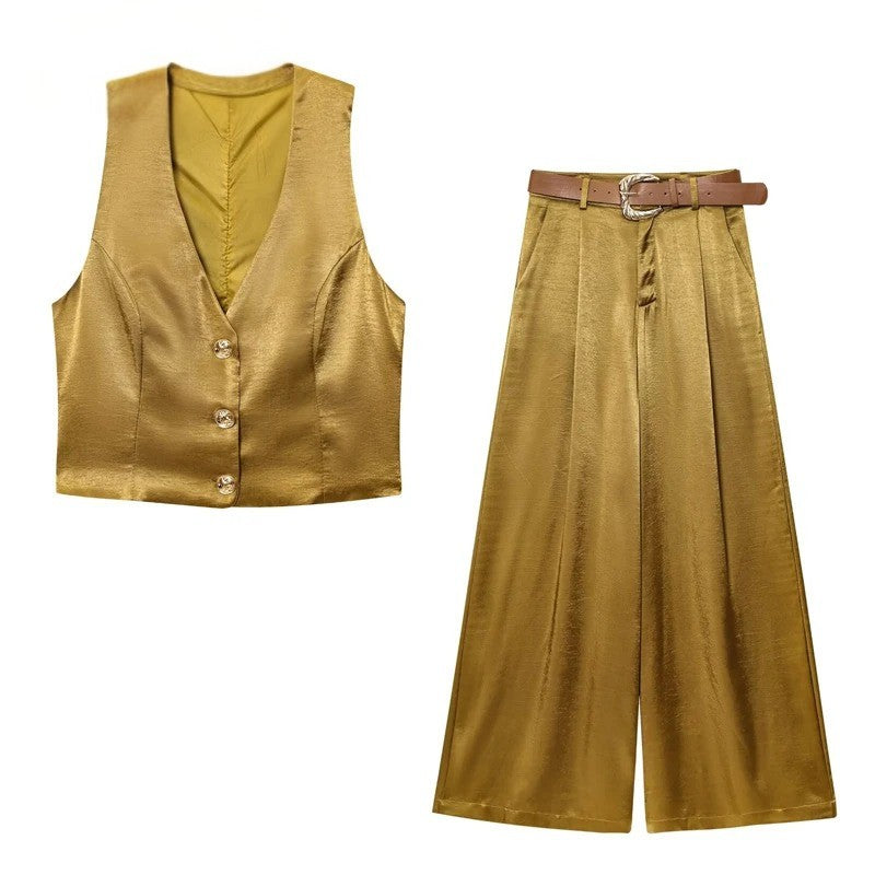 Satin Vest and Wide Leg Pants Set – Elegant Trouser Outfit