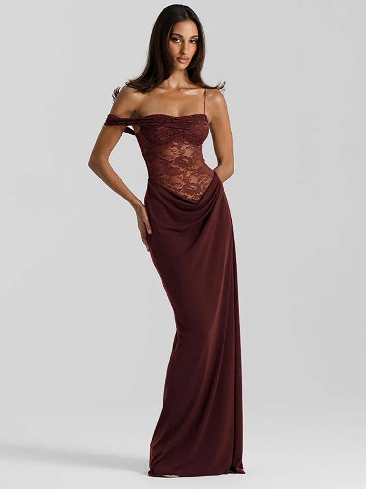 Lace See Through Maxi Dress – Off Shoulder Sleeveless Evening Gown