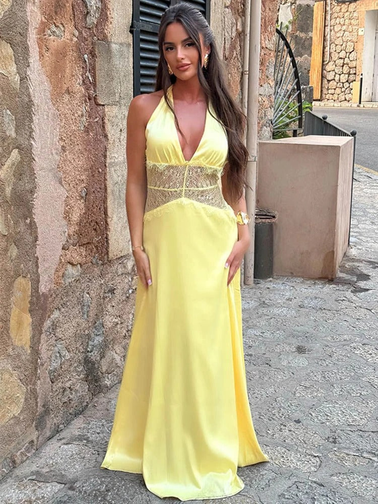 Halter Maxi Dress – Deep V Neck Lace Waist Evening Gown