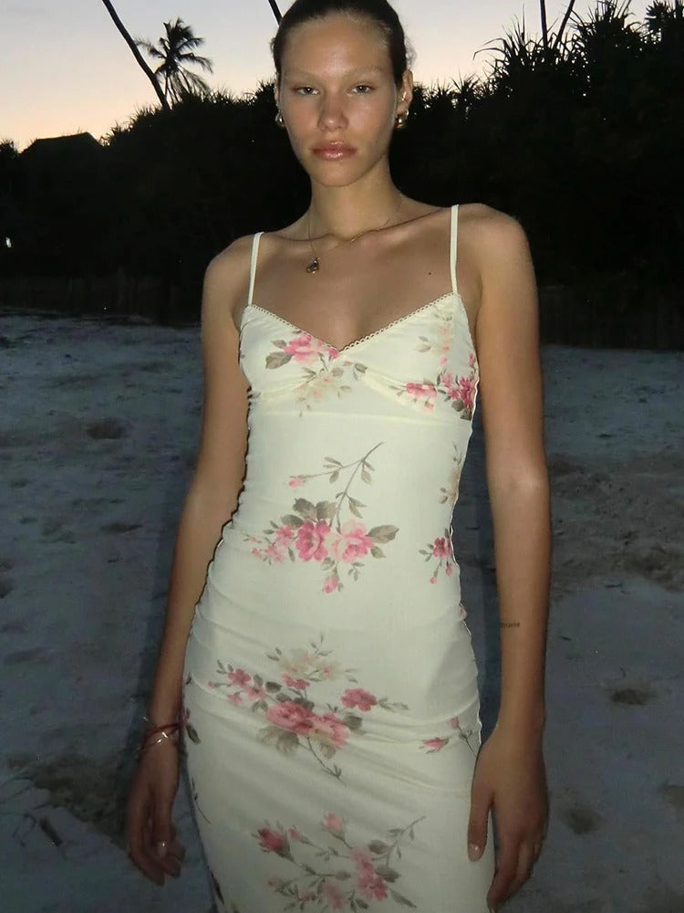 Floral Print Satin Maxi Dress – Spaghetti Strap Summer Gown