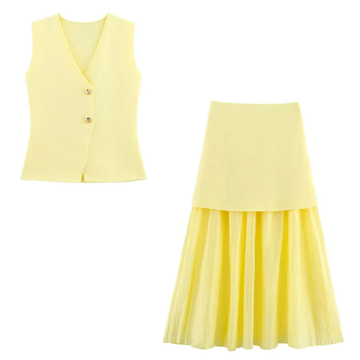 Trendy 2 Piece Skirt Set – Sleeveless Button Vest & Pleated Midi Skirt