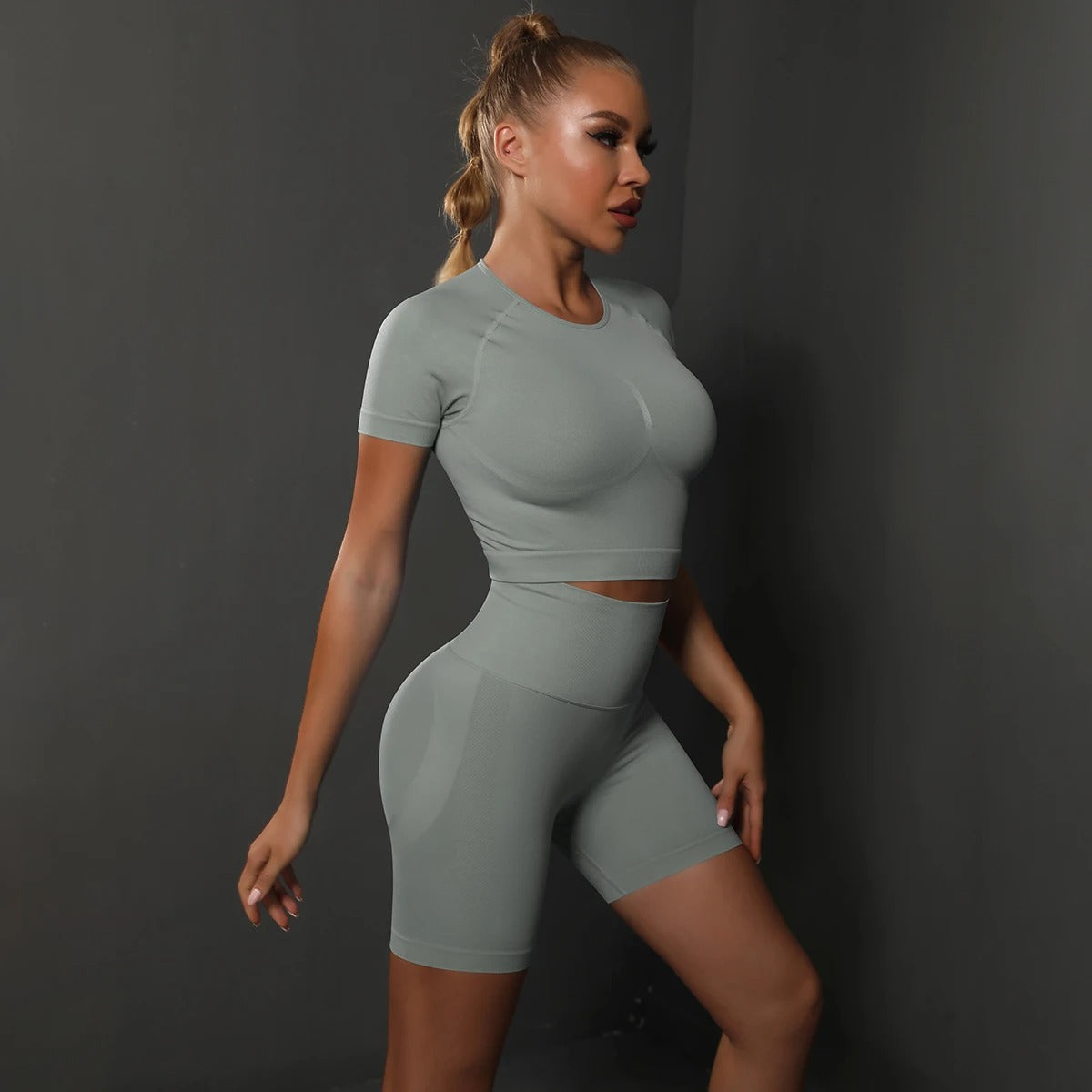 Seamless Workout Set – Short Sleeve Crop Top & High Waist Biker Shorts Activewear