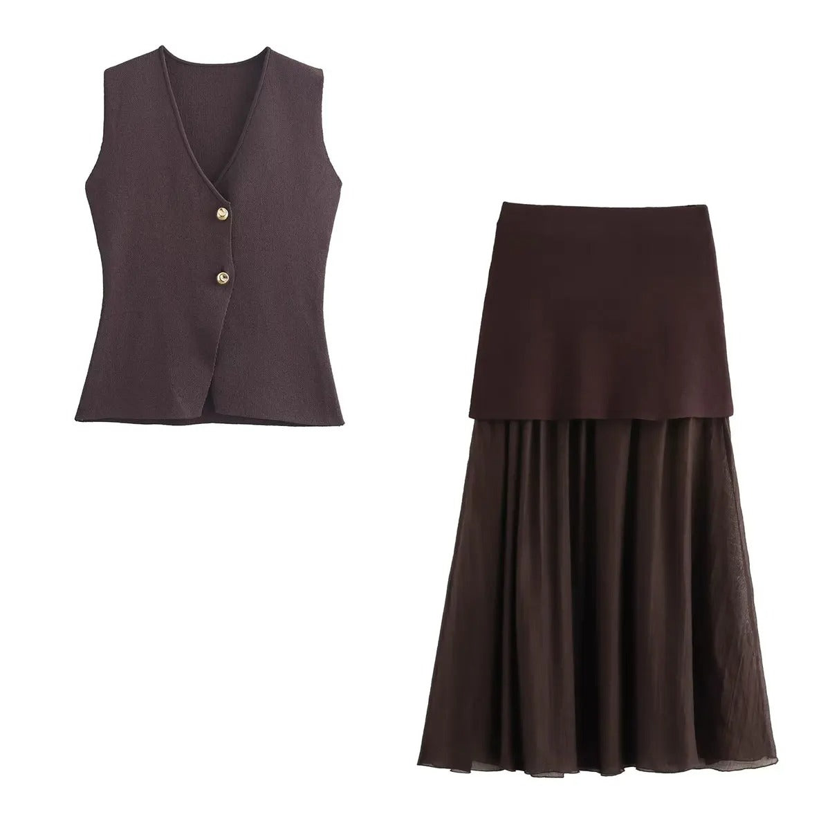 Trendy 2 Piece Skirt Set – Sleeveless Button Vest & Pleated Midi Skirt