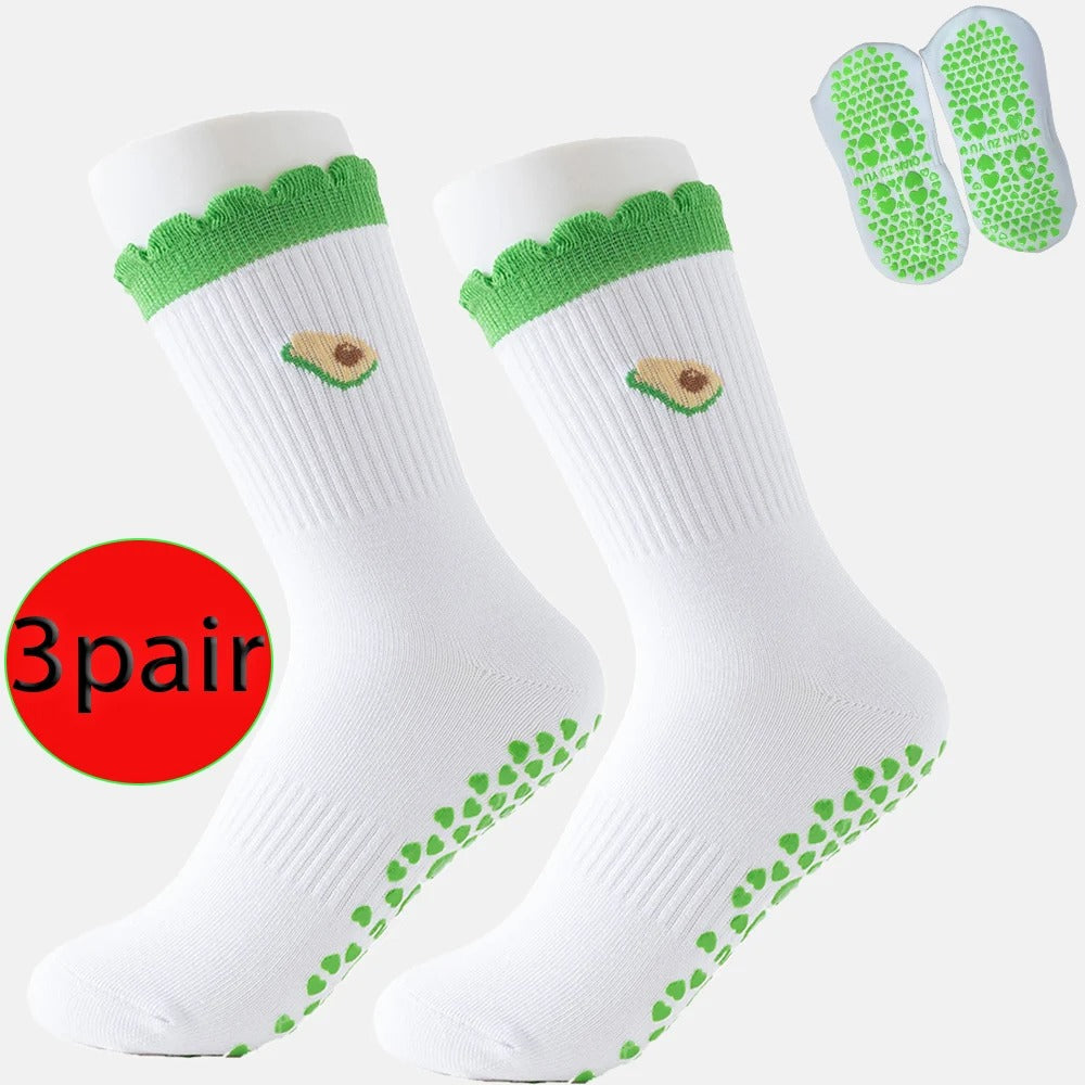 3 Pairs Non Slip Grip Socks – Pilates, Yoga & Fitness Avocado Design