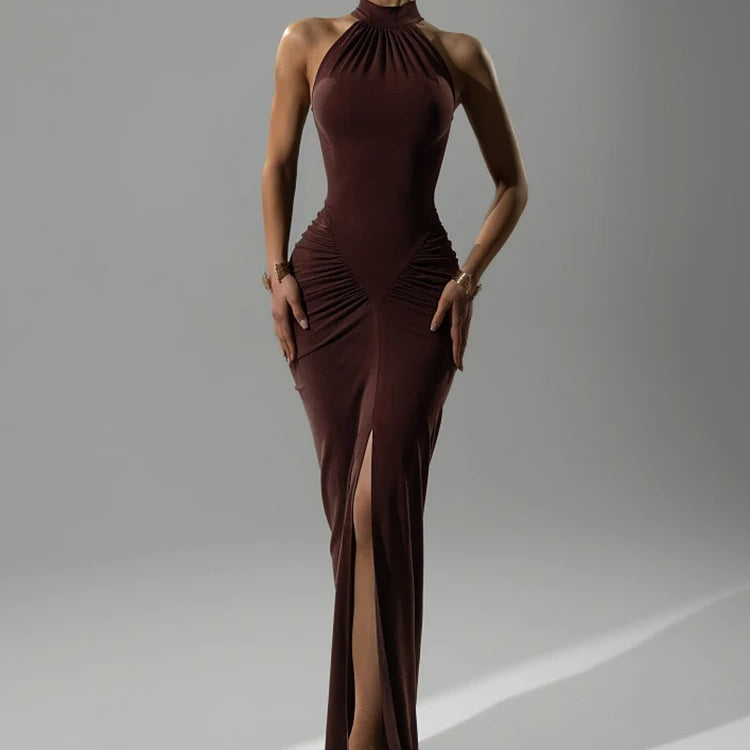 Halter Neck Evening Gown – Sleeveless Ruched Maxi Dress with High Slit