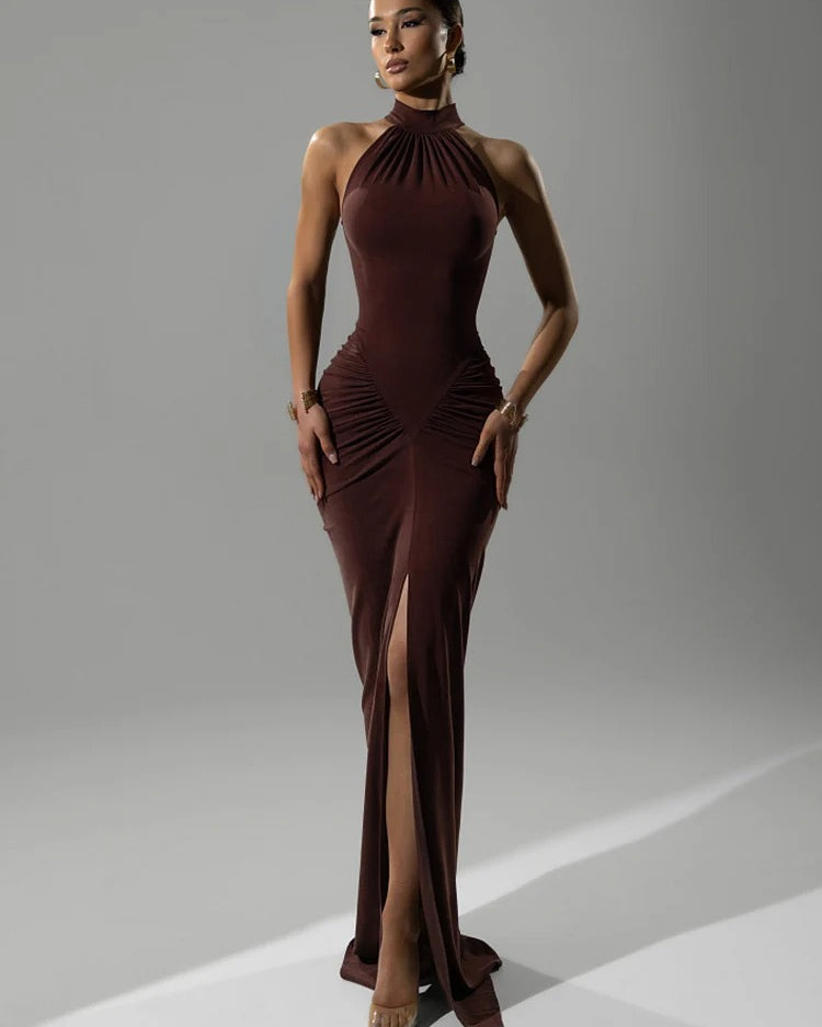 Halter Neck Evening Gown – Sleeveless Ruched Maxi Dress with High Slit