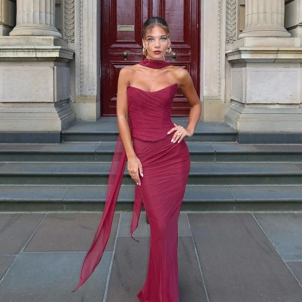 Strapless Maxi Dress – Elegant Ruched Evening Gown