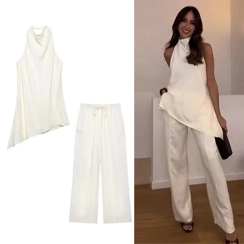 Elegant Satin Two Piece Pants Set – Sleeveless Top & Wide Leg Trousers