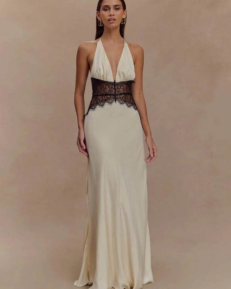 Halter Maxi Dress – Deep V Neck Lace Waist Evening Gown