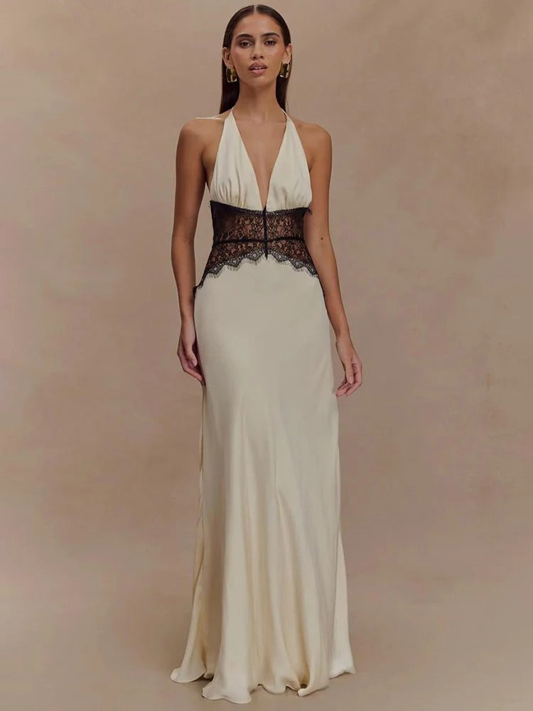 Halter Maxi Dress – Deep V Neck Lace Waist Evening Gown