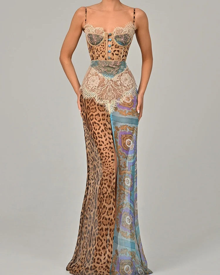 Leopard Print Lace Maxi Dress – Sleeveless Chiffon Evening Gown