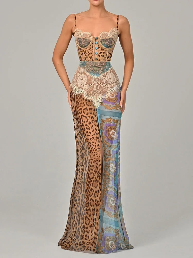 Leopard Print Lace Maxi Dress – Sleeveless Chiffon Evening Gown