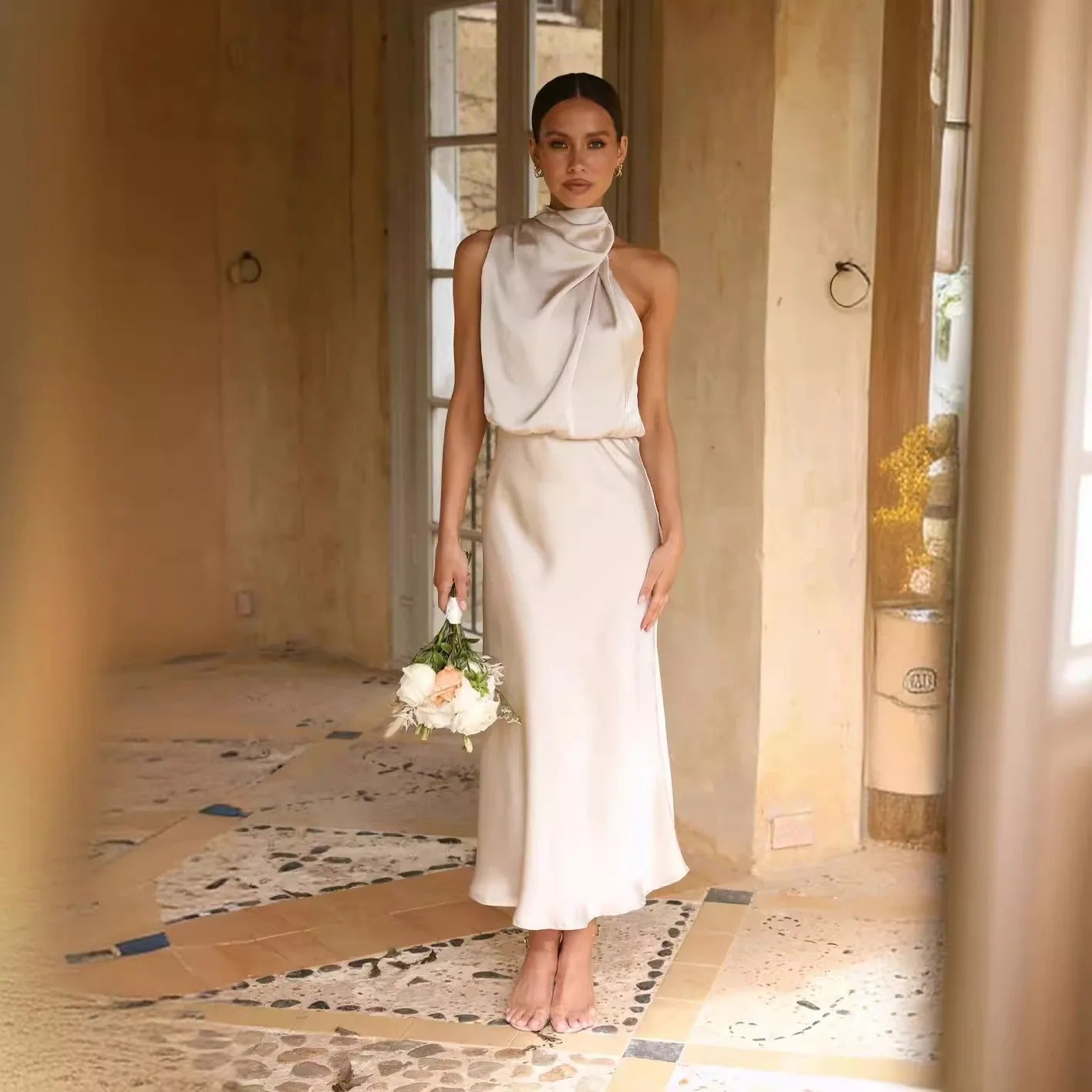 Satin Midi Dress – Elegant High Neck Sleeveless Evening Gown