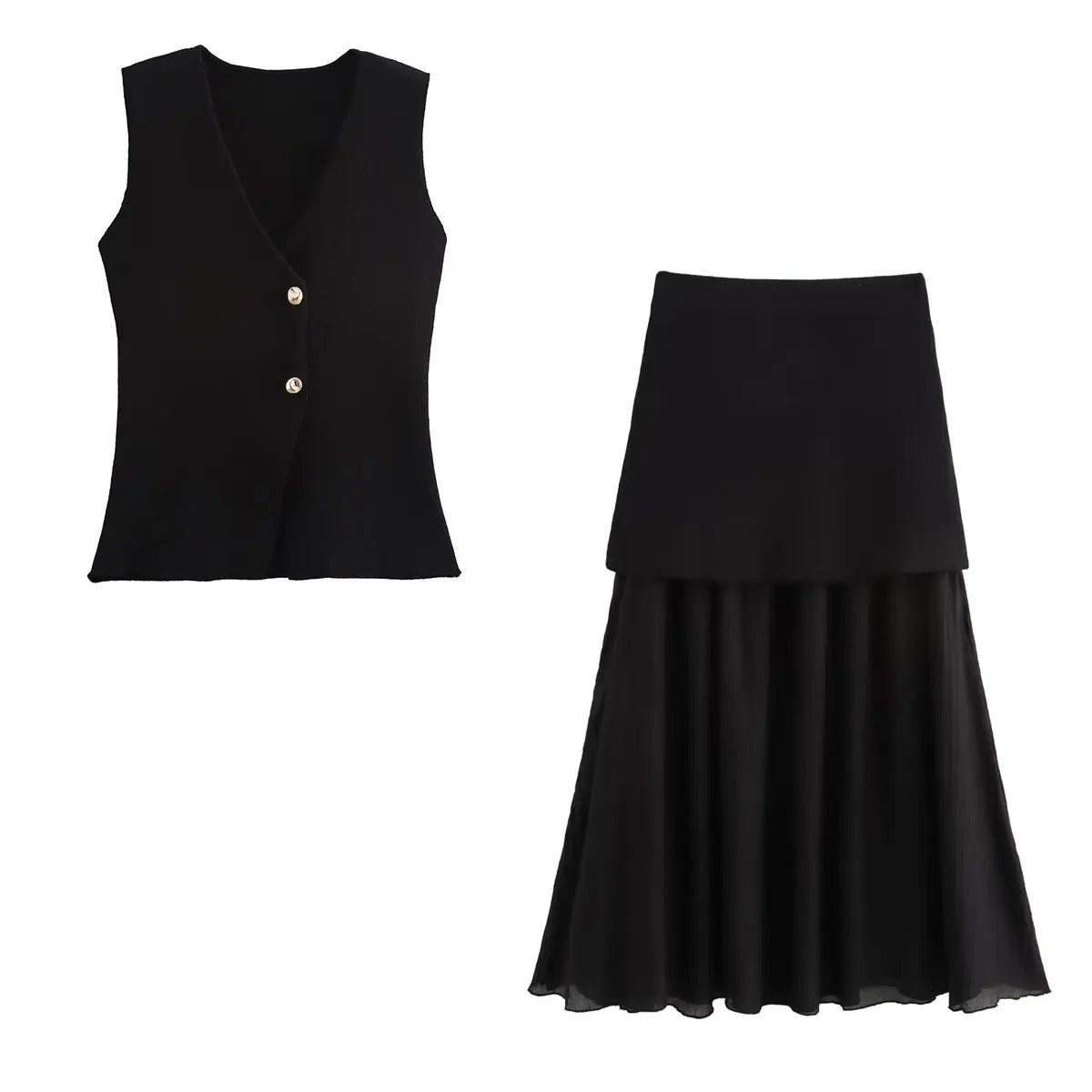 Trendy 2 Piece Skirt Set – Sleeveless Button Vest & Pleated Midi Skirt